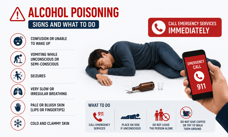 Illustration highlighting common alcohol poisoning symptoms and emergency response guidance