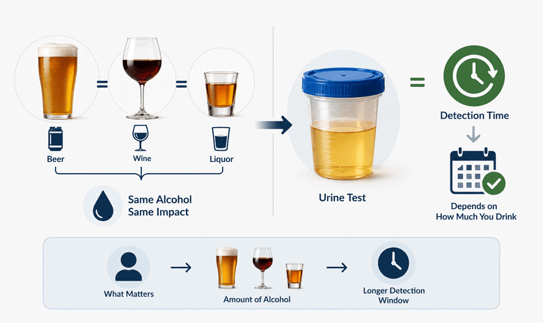Comparison of beer, wine, and liquor showing that urine detection depends on the amount of alcohol consumed