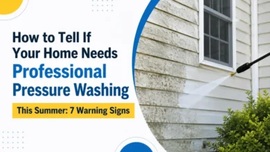 Professional pressure washing cleaning a home's exterior siding during summer.
