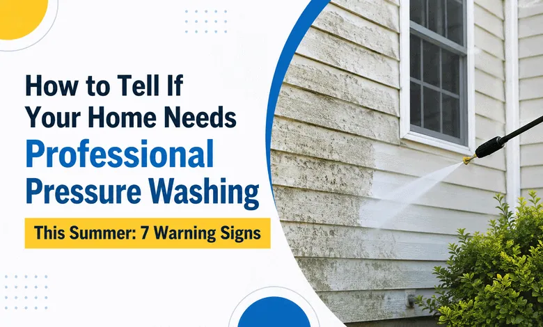 Professional pressure washing cleaning a home's exterior siding during summer.