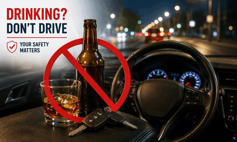 Safe driving after drinking illustration showing alcohol, car keys, and a do not drive warning