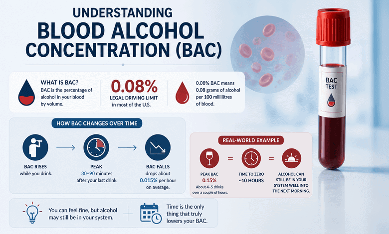 Infographic explaining blood alcohol concentration (BAC) and how it changes over time