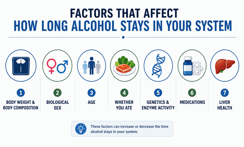 Illustration highlighting body weight, age, food, genetics, medications, and liver health as factors affecting alcohol clearance