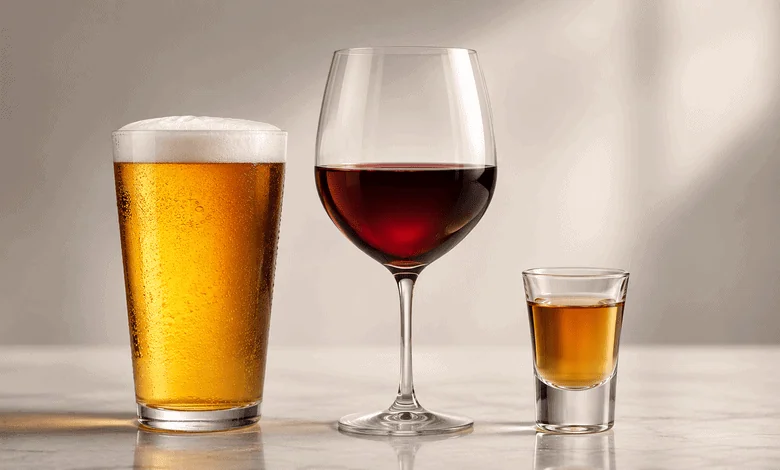 Standard drink comparison showing beer, wine, and distilled spirits