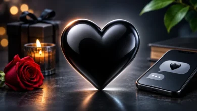 Black heart emoji with a rose and smartphone representing love, texting, and emotional expression.