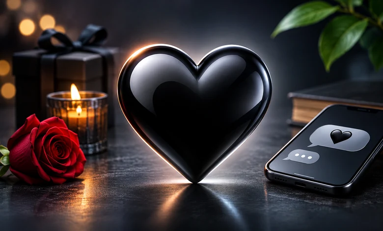 Black heart emoji with a rose and smartphone representing love, texting, and emotional expression.