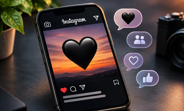 Black heart emoji displayed in an Instagram-style social media post on a smartphone.