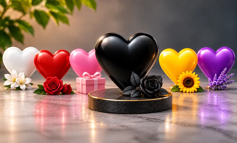 Comparison of black, white, red, pink, yellow, and purple heart emojis.