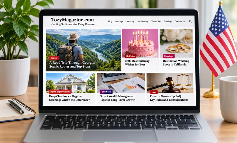 TozyMagazine.com USA online magazine displayed on a laptop screen.