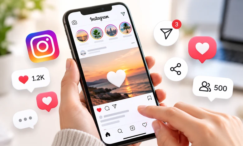 White heart emoji displayed on an Instagram post with social media engagement icons.