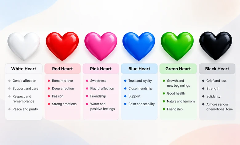 Comparison of white, red, pink, blue, green, and black heart emojis and their common meanings.
